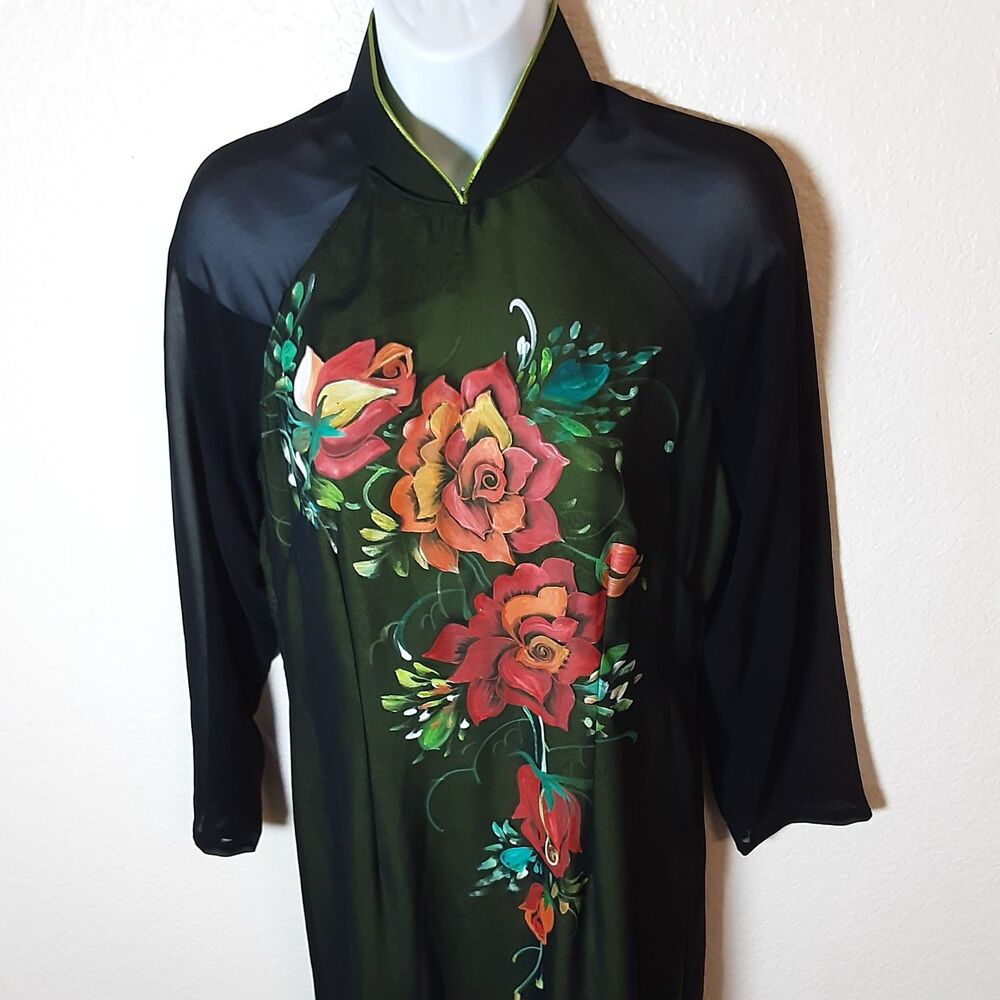 VTG Rose Print Vietnamese Embroidered Long Blouse| High Mandarin Collar